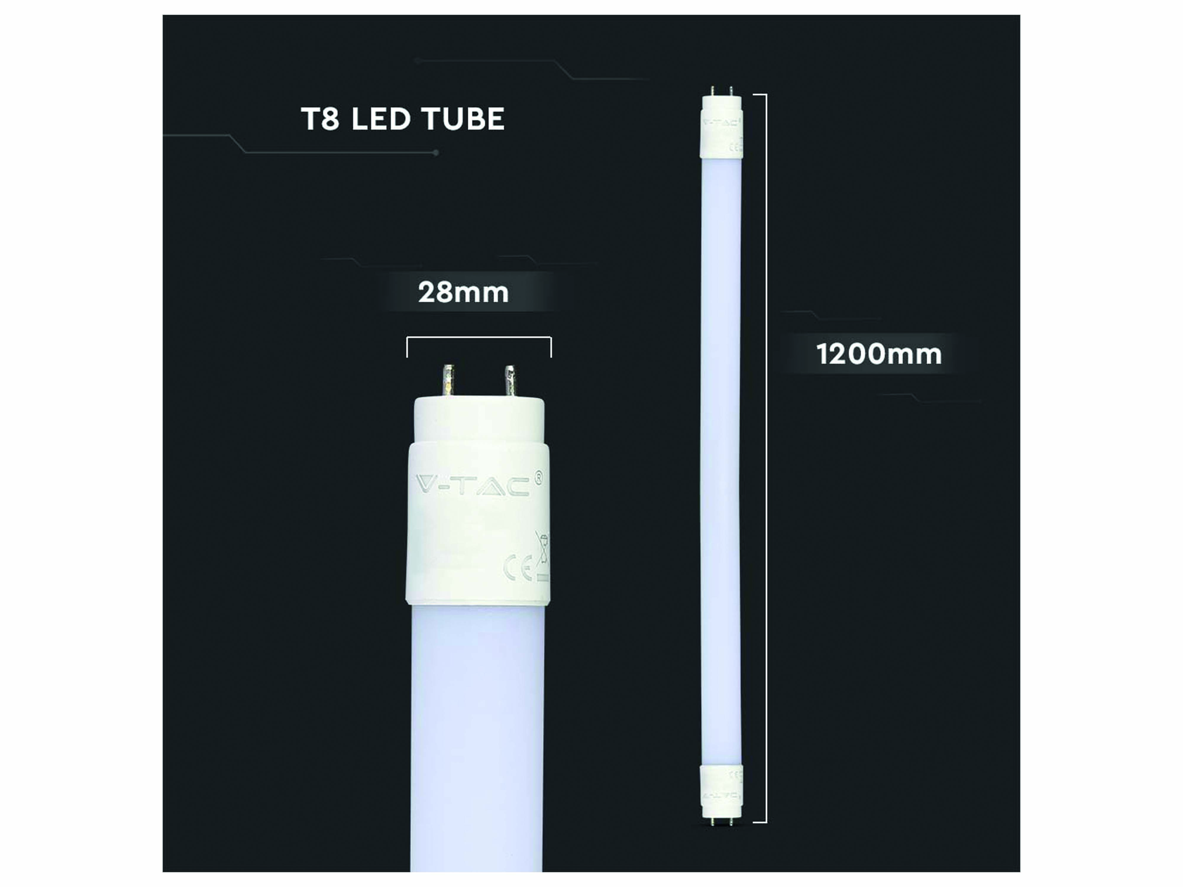 V-TAC LED-Röhre HIGH LUMEN, EEK: E, 16,5 W, 1850 lm, G13, 4000 K, 120 cm, 8 Stück